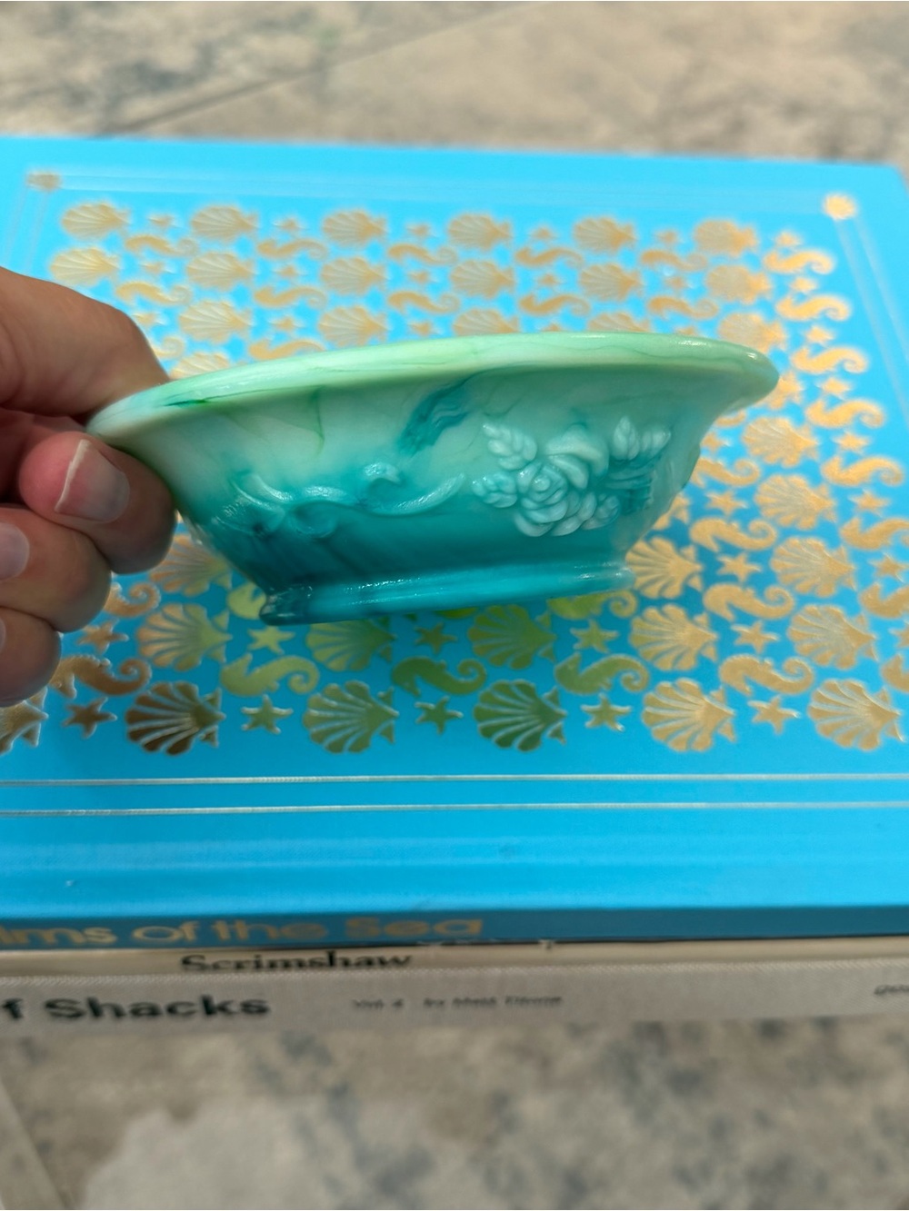 Vintage 70s Avon Aqua Marbled Milk Glass Floral Relief Trinket Dish